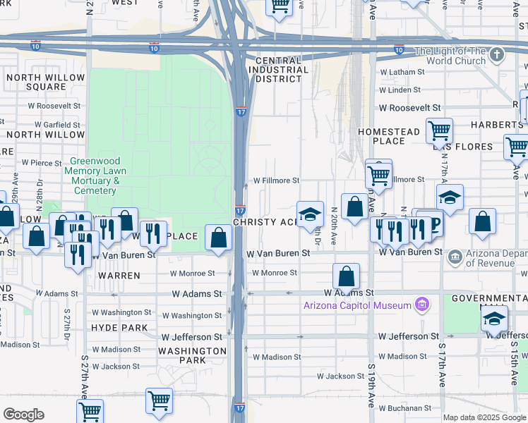 map of restaurants, bars, coffee shops, grocery stores, and more near 349 N Black Canyon Hwy in Phoenix