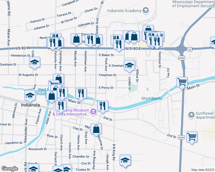 map of restaurants, bars, coffee shops, grocery stores, and more near 500-598 East Percy Street in Indianola
