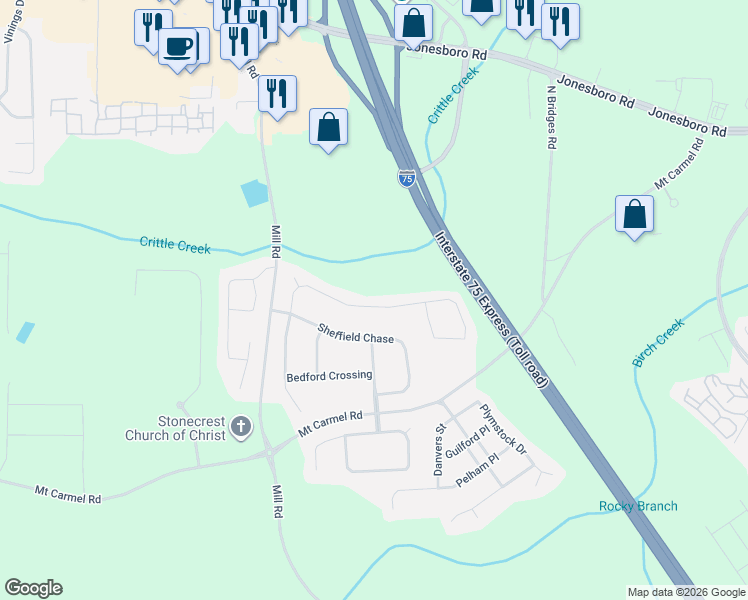 map of restaurants, bars, coffee shops, grocery stores, and more near 715 Hennepin Terrace in McDonough