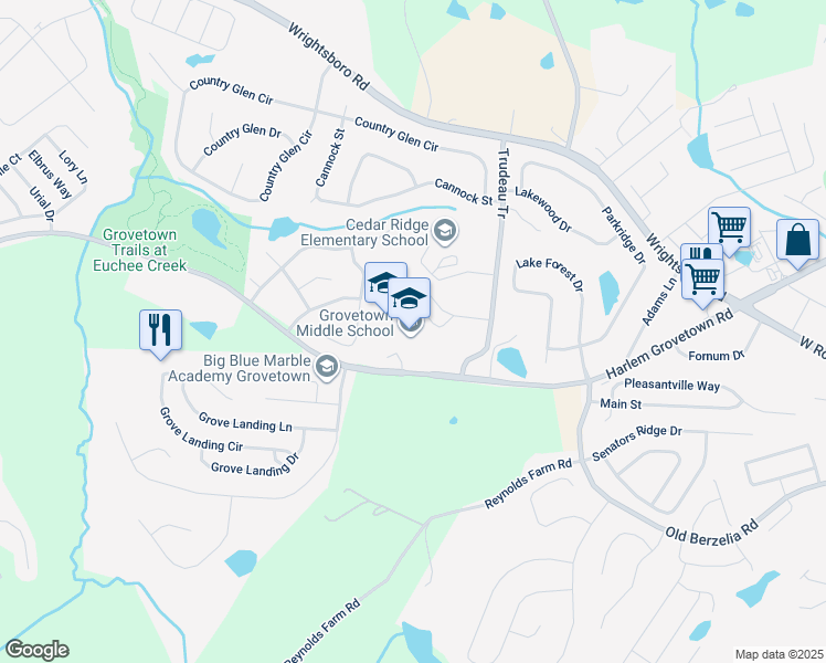 map of restaurants, bars, coffee shops, grocery stores, and more near 5463 Harlem Grovetown Road in Grovetown