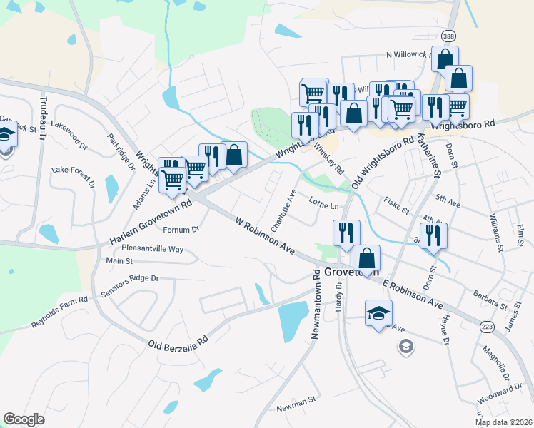 map of restaurants, bars, coffee shops, grocery stores, and more near 101 Charlotte Avenue in Grovetown