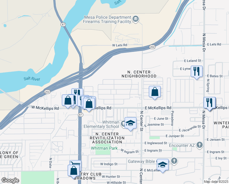 map of restaurants, bars, coffee shops, grocery stores, and more near 3rd St in Mesa