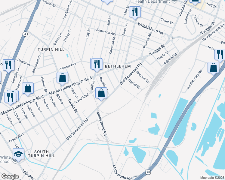 map of restaurants, bars, coffee shops, grocery stores, and more near 1753 Old Savannah Road in Augusta