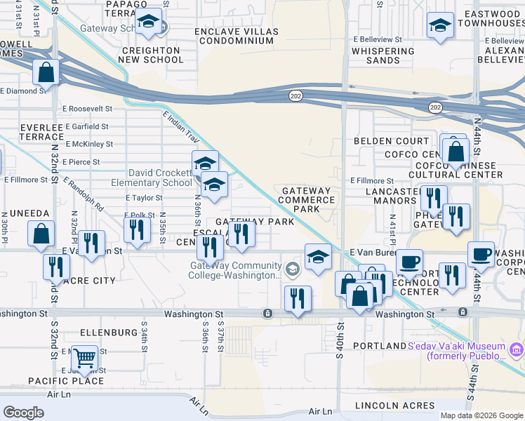 map of restaurants, bars, coffee shops, grocery stores, and more near 3735 East Taylor Street in Phoenix