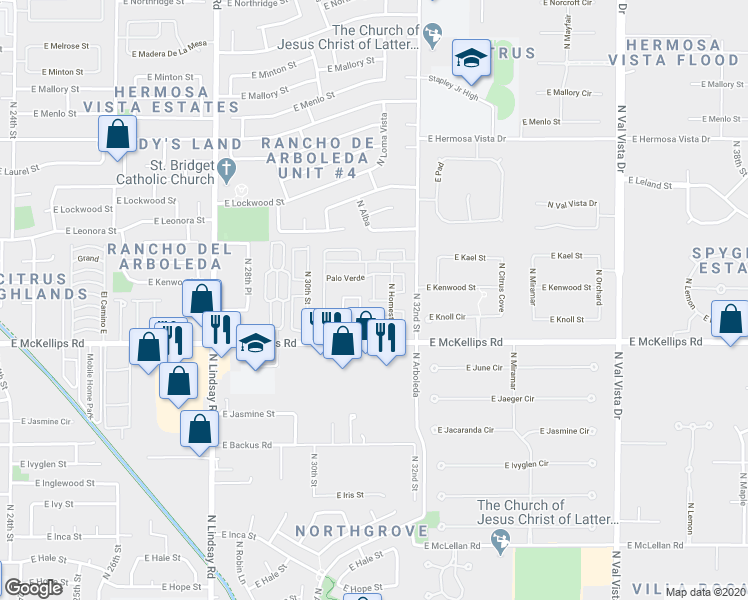 map of restaurants, bars, coffee shops, grocery stores, and more near East Homestead in Mesa