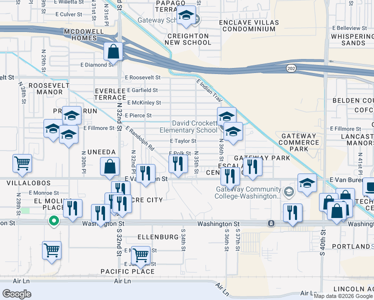 map of restaurants, bars, coffee shops, grocery stores, and more near 3449 East Polk Street in Phoenix
