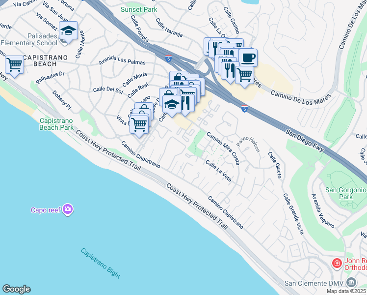 map of restaurants, bars, coffee shops, grocery stores, and more near 27041 Mill Pond Road in Dana Point