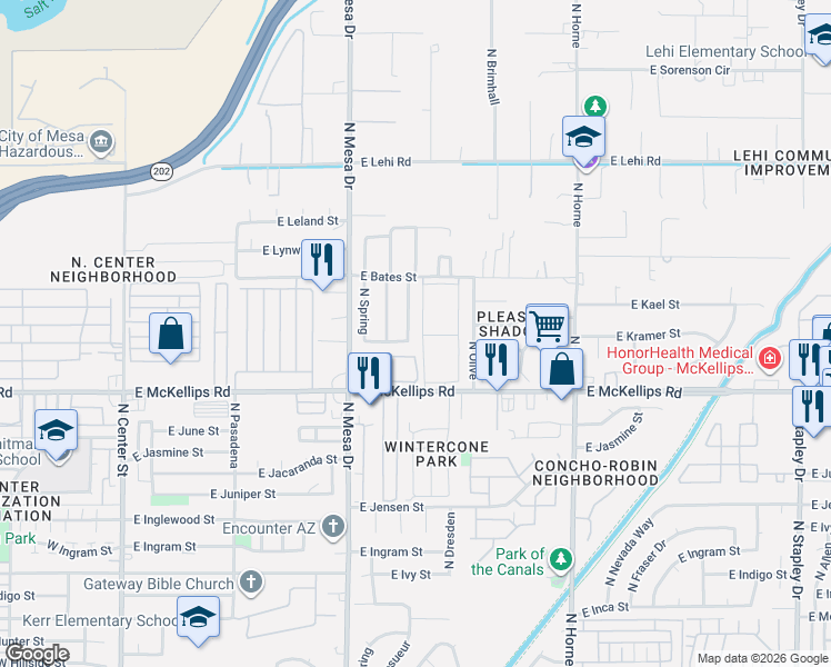 map of restaurants, bars, coffee shops, grocery stores, and more near 457 East Kenwood Street in Mesa