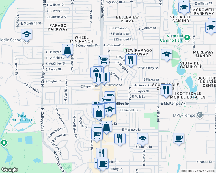 map of restaurants, bars, coffee shops, grocery stores, and more near 7219 East Fillmore Street in Scottsdale