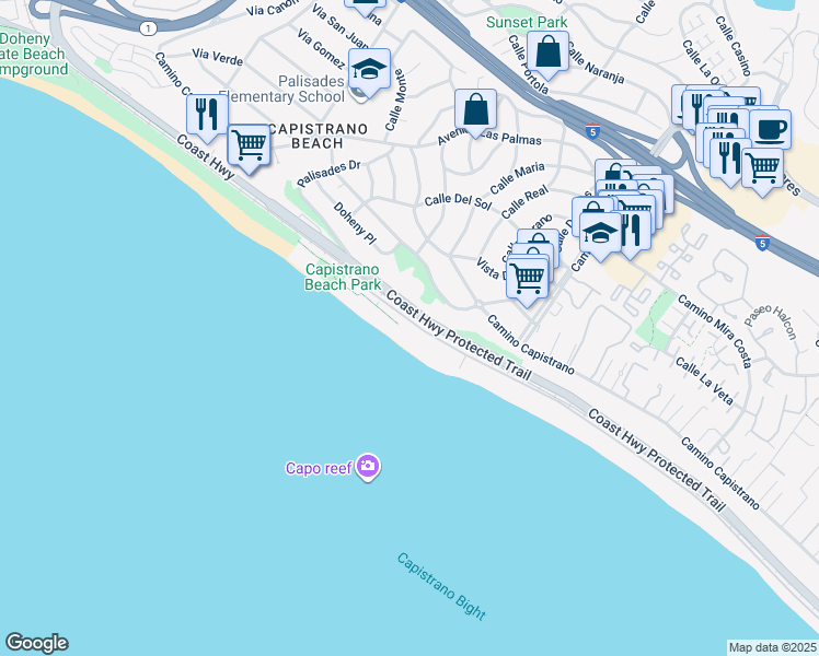 map of restaurants, bars, coffee shops, grocery stores, and more near 35061 Beach Road in Dana Point