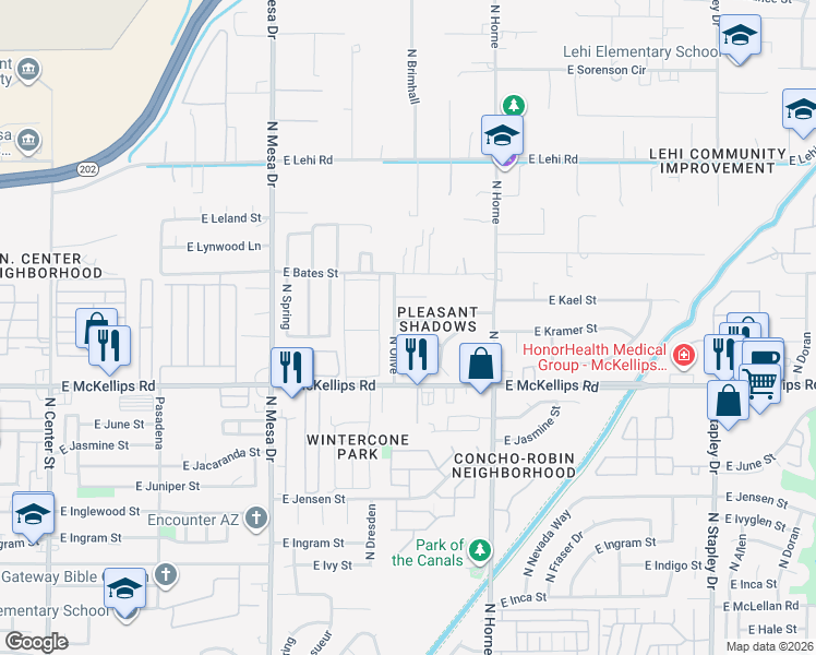 map of restaurants, bars, coffee shops, grocery stores, and more near 618 East Kramer Street in Mesa