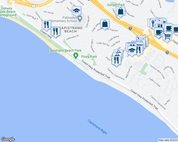 map of restaurants, bars, coffee shops, grocery stores, and more near 35055 Beach Road in Dana Point