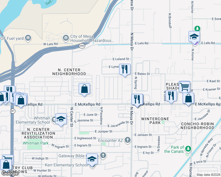 map of restaurants, bars, coffee shops, grocery stores, and more near 320 East McKellips Road in Mesa