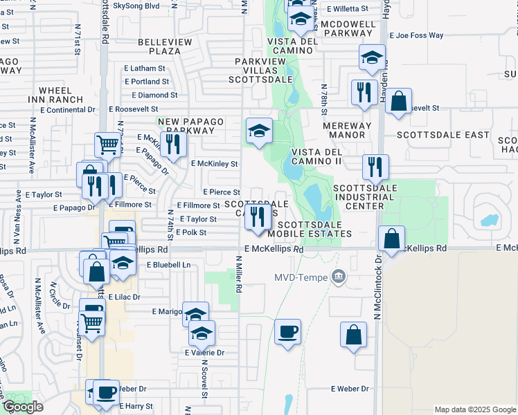 map of restaurants, bars, coffee shops, grocery stores, and more near 525 North Miller Road in Scottsdale