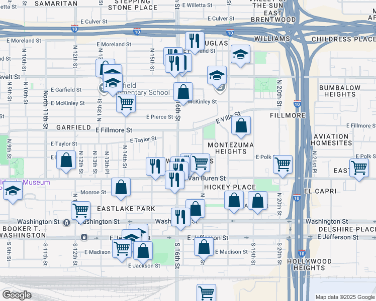 map of restaurants, bars, coffee shops, grocery stores, and more near 1620 East Polk Street in Phoenix