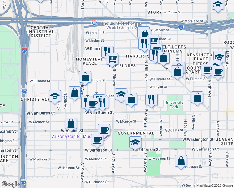 map of restaurants, bars, coffee shops, grocery stores, and more near 330 North 16th Avenue in Phoenix