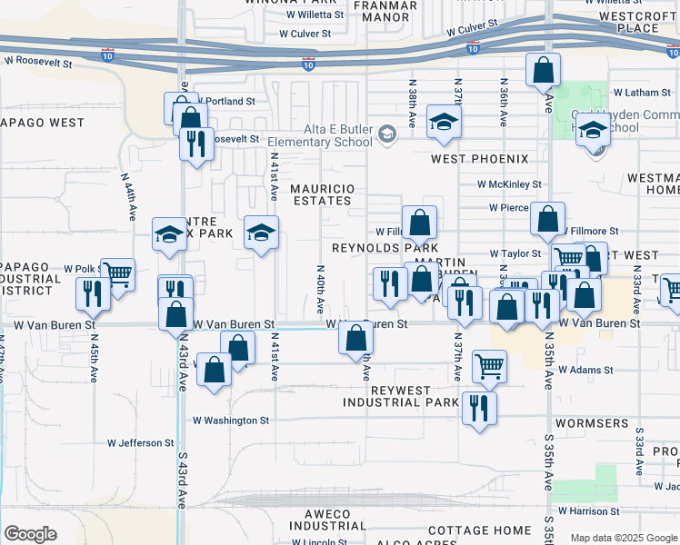 map of restaurants, bars, coffee shops, grocery stores, and more near 348 North 39th Drive in Phoenix