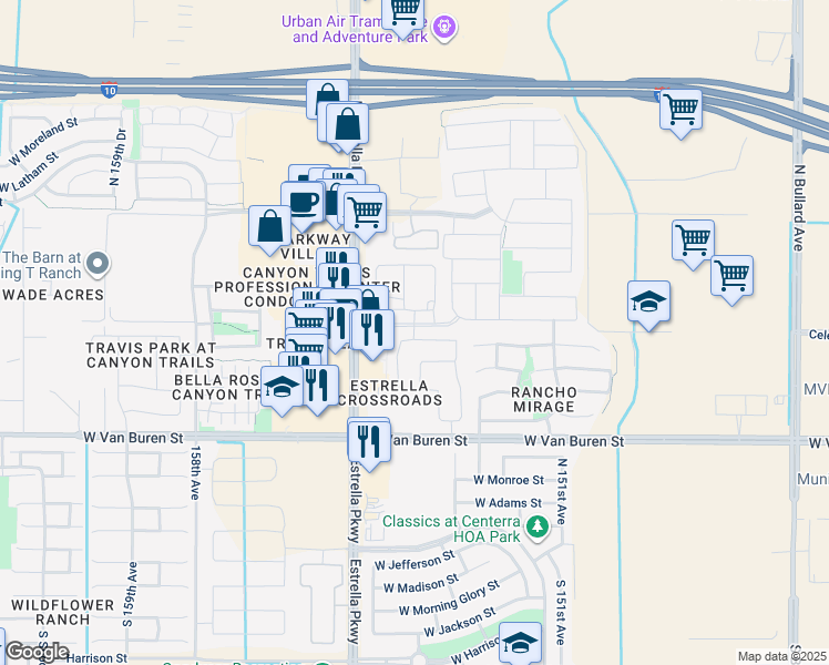 map of restaurants, bars, coffee shops, grocery stores, and more near 577 North Estrella Parkway in Goodyear