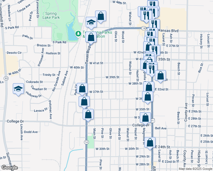 map of restaurants, bars, coffee shops, grocery stores, and more near 3715 Elizabeth Street in Texarkana