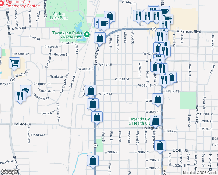 map of restaurants, bars, coffee shops, grocery stores, and more near 3704 Main Street in Texarkana