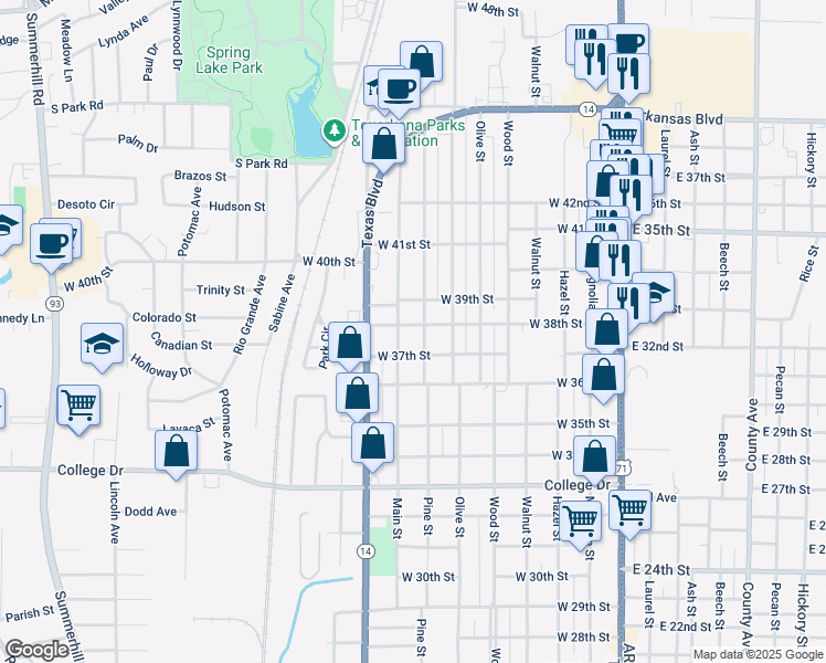 map of restaurants, bars, coffee shops, grocery stores, and more near 3704 Main Street in Texarkana