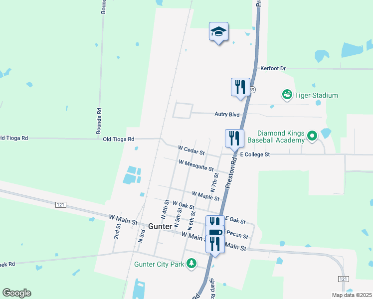 map of restaurants, bars, coffee shops, grocery stores, and more near 407 West Cedar Street in Gunter