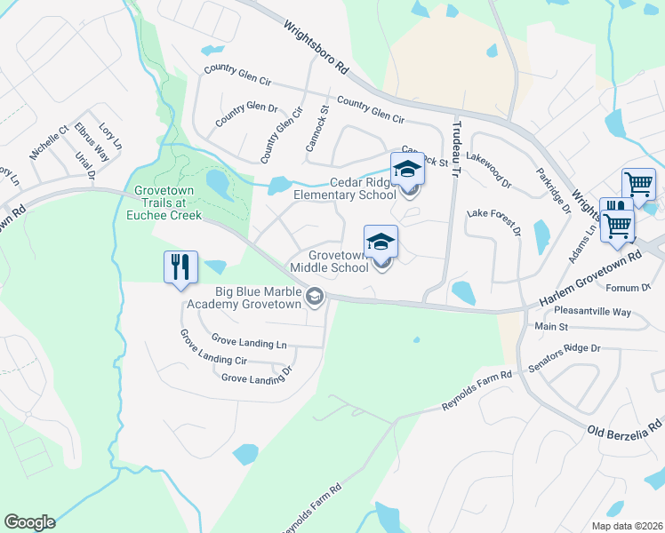 map of restaurants, bars, coffee shops, grocery stores, and more near 4027 Rosedale Place in Grovetown