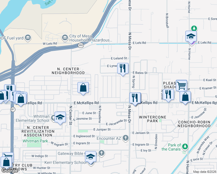 map of restaurants, bars, coffee shops, grocery stores, and more near 320 East McKellips Road in Mesa