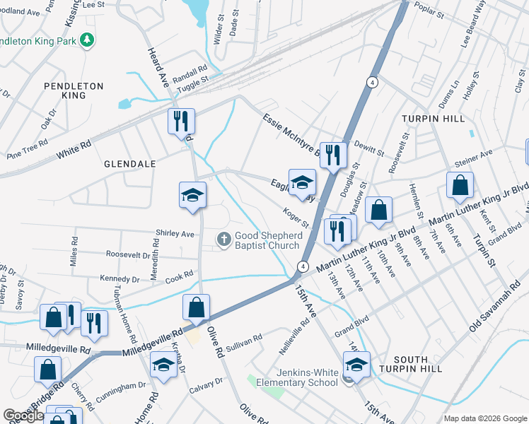 map of restaurants, bars, coffee shops, grocery stores, and more near 1528 Wooten Road in Augusta