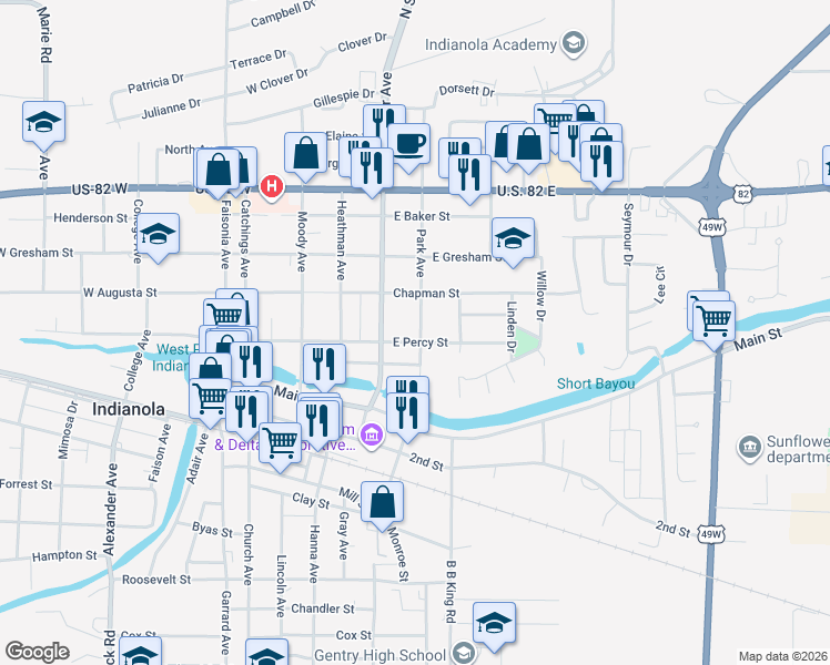 map of restaurants, bars, coffee shops, grocery stores, and more near 500-598 East Percy Street in Indianola