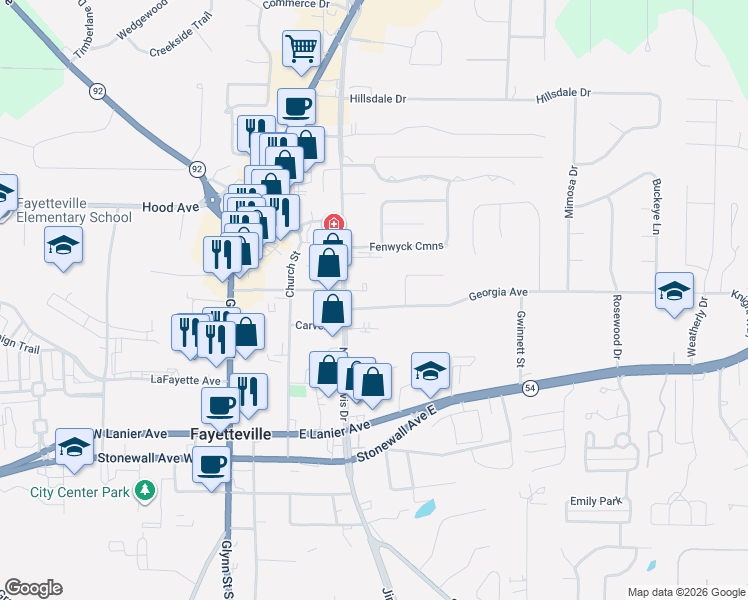 map of restaurants, bars, coffee shops, grocery stores, and more near 415 Georgia Avenue in Fayetteville