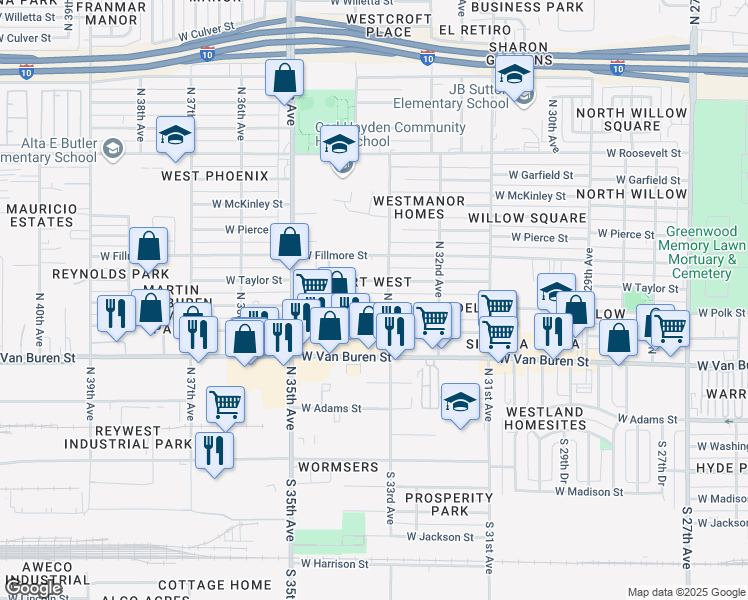 map of restaurants, bars, coffee shops, grocery stores, and more near 3312 West Polk Street in Phoenix
