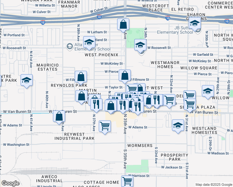 map of restaurants, bars, coffee shops, grocery stores, and more near 3521 West Polk Street in Phoenix
