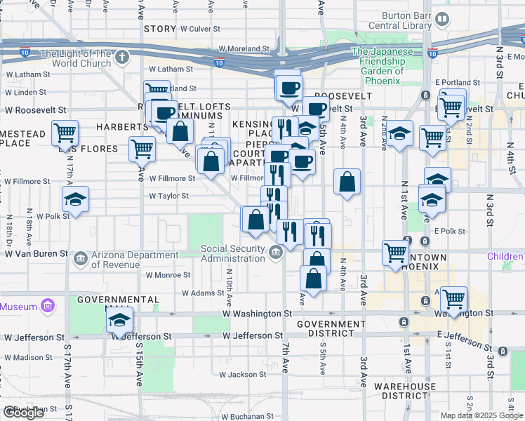 map of restaurants, bars, coffee shops, grocery stores, and more near 740 W Polk St in Phoenix