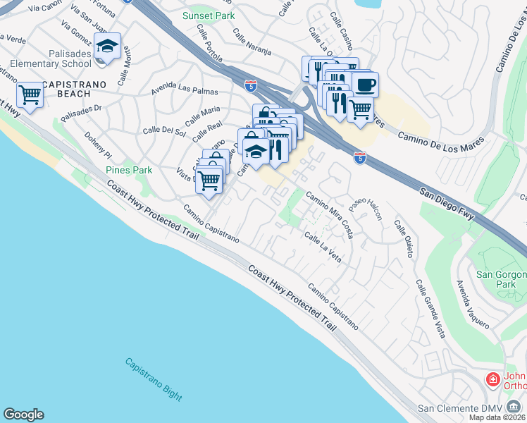 map of restaurants, bars, coffee shops, grocery stores, and more near 27061 Mill Pond Road in Dana Point