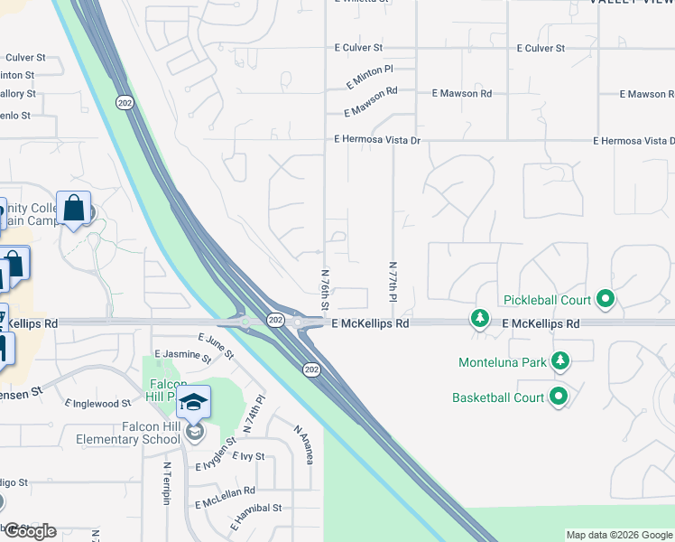 map of restaurants, bars, coffee shops, grocery stores, and more near 7644 East Kramer Street in Mesa