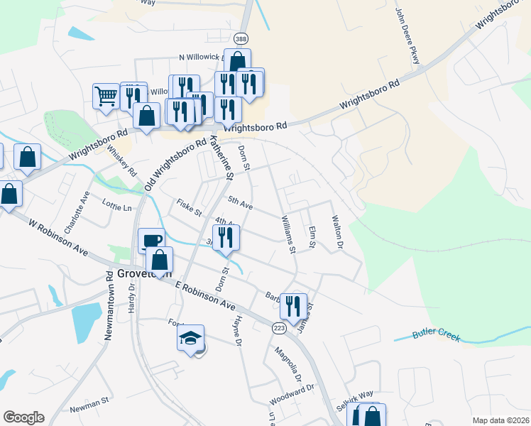map of restaurants, bars, coffee shops, grocery stores, and more near 204 5th Avenue in Grovetown