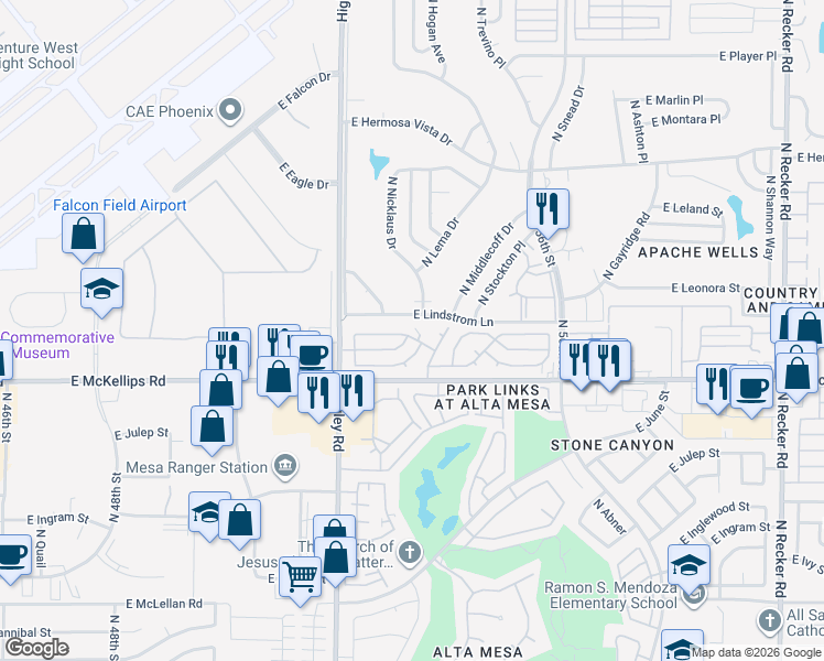 map of restaurants, bars, coffee shops, grocery stores, and more near 5402 East McKellips Road in Mesa
