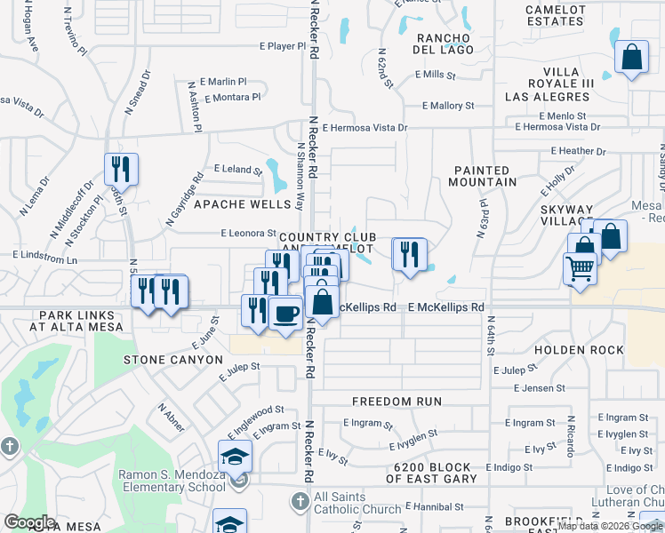 map of restaurants, bars, coffee shops, grocery stores, and more near 2041 North Recker Road in Mesa