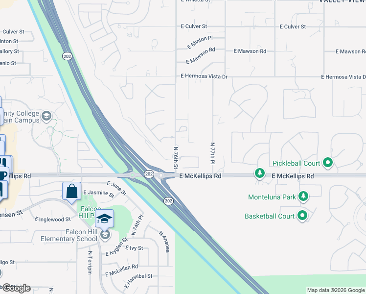 map of restaurants, bars, coffee shops, grocery stores, and more near 7644 East Kramer Street in Mesa