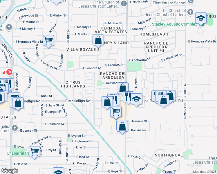map of restaurants, bars, coffee shops, grocery stores, and more near 2650 East McKellips Road in Mesa