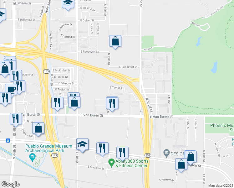map of restaurants, bars, coffee shops, grocery stores, and more near 5104 East Van Buren Street in Phoenix