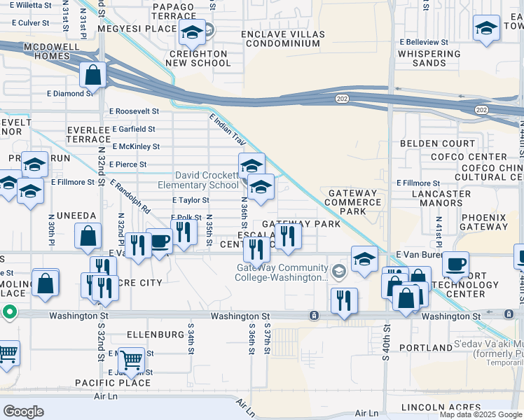 map of restaurants, bars, coffee shops, grocery stores, and more near 3606 East Van Buren Street in Phoenix