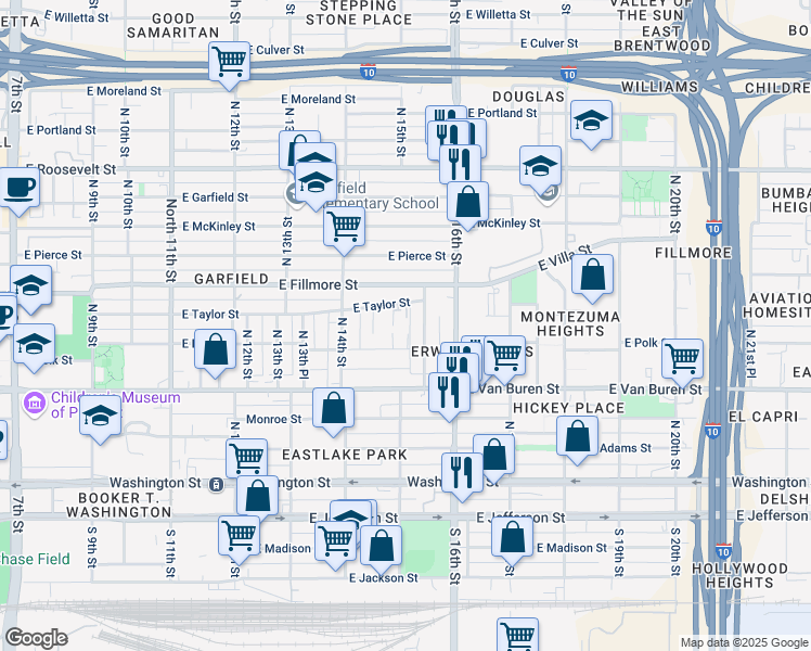map of restaurants, bars, coffee shops, grocery stores, and more near 1450 East Polk Street in Phoenix