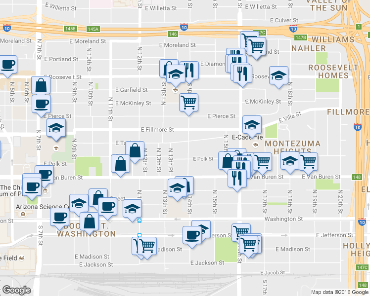map of restaurants, bars, coffee shops, grocery stores, and more near 1336 East Polk Street in Phoenix
