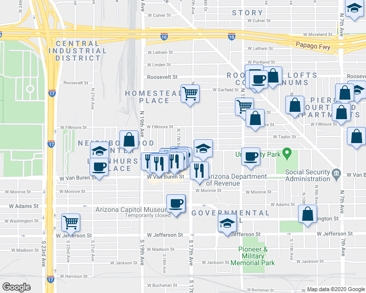 map of restaurants, bars, coffee shops, grocery stores, and more near 337 North 17th Drive in Phoenix