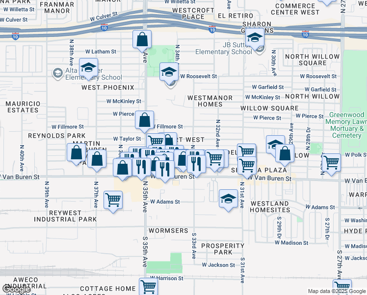 map of restaurants, bars, coffee shops, grocery stores, and more near 3312 West Polk Street in Phoenix