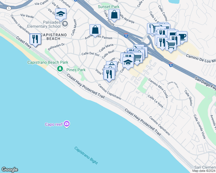 map of restaurants, bars, coffee shops, grocery stores, and more near 35101 Camino Capistrano in Dana Point