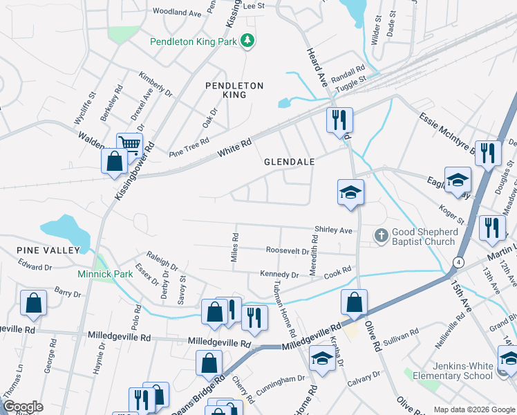 map of restaurants, bars, coffee shops, grocery stores, and more near 2117 Shirley Avenue in Augusta
