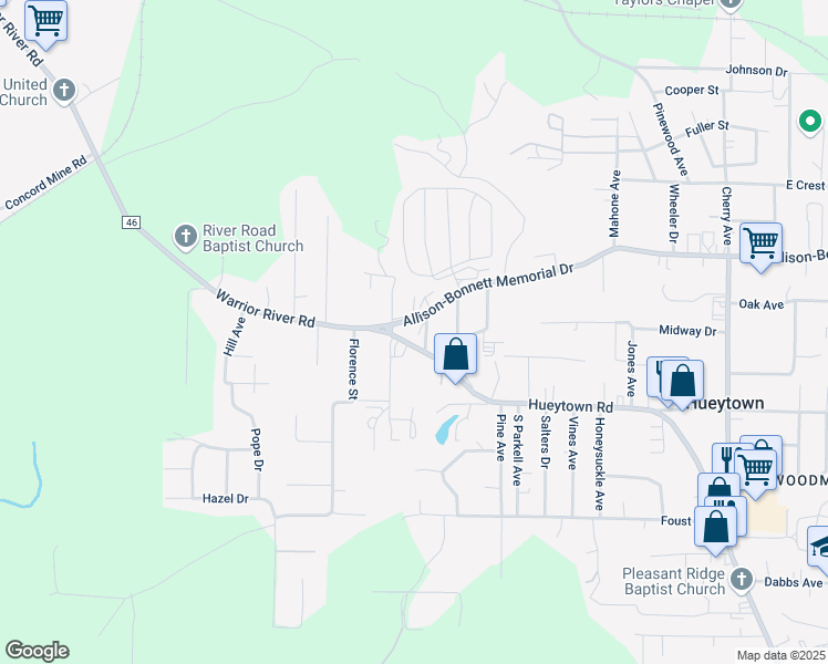 map of restaurants, bars, coffee shops, grocery stores, and more near 1515 Hueytown Road in Hueytown